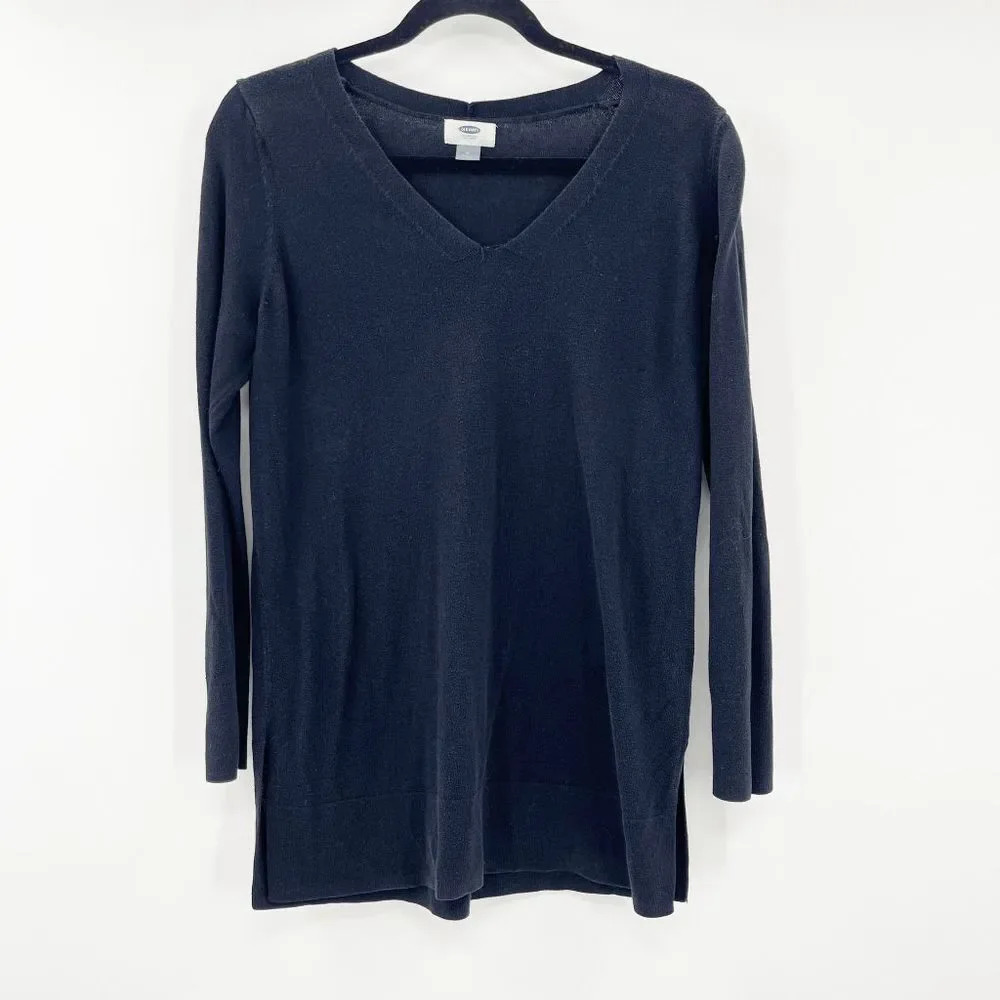 Old Navy V Neck Knit Top Women's Size M Black Long Sleeve Ribbed Hem